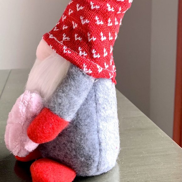 11 1/2"L Valentine's Day Plush Love Gnome Doll Holding Pink Heart Red Knit Cap - Picture 3 of 6